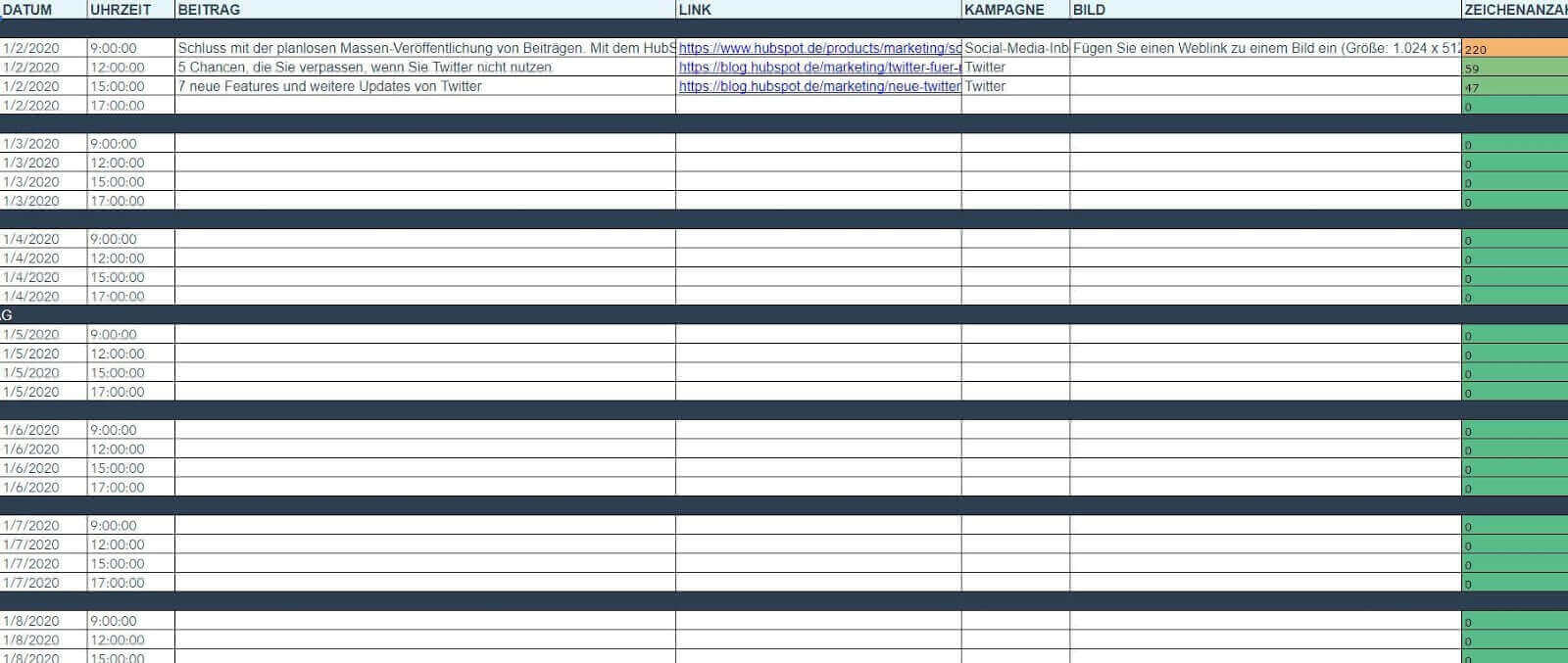 Screenshot aus dem HubSpot Social Media Redaktionsplan in Excel fuer Twitter