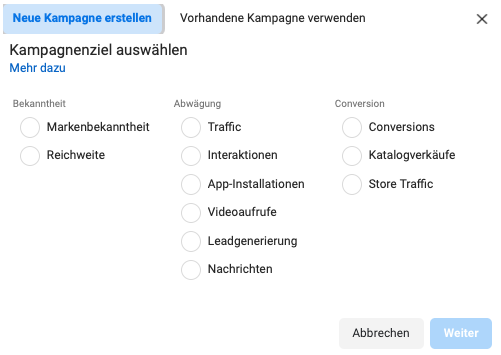 Facebook Werbung Kampagnenziel wählen