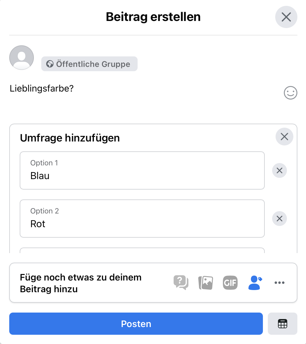 Antwortmöglichkeiten eintragen und Umfrage posten