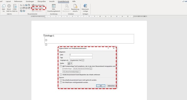 umfrage microsoft word entwicklertools