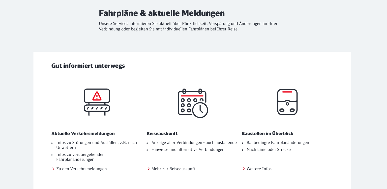 Screenshot der Verkehrsmeldungs-Seite der Deutschen Bahn als Beispiel fuer gutes UX Writing und fuer das Thema Tonfall und Stil