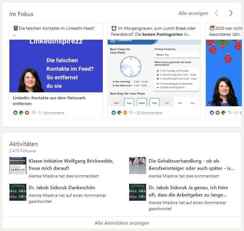 Beispiel für die Im-Fokus-Funktion und Aktivitäten auf LinkedIn