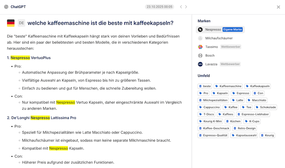 Uebersicht aus dem Sistrix-AEO-Tool, mit der Prompt-Analyse