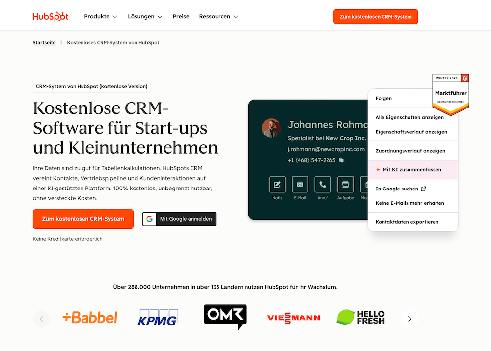 HubSpot CRM Kontaktkarte mit KI-Funktionen im Dropdown-Menü