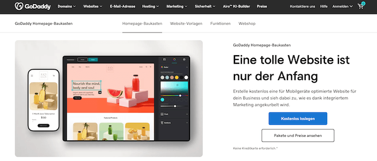 Screenshot der GoDaddy Website