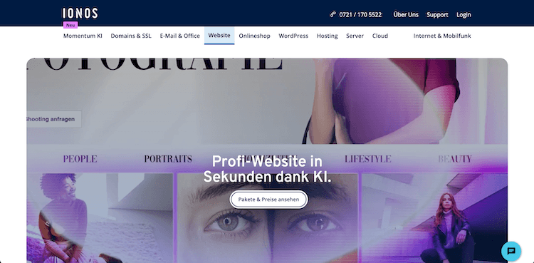 Screenshot der Ionos Website zum Ionos Website Builder