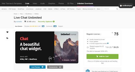 Screenshot Codecanyon Webseite zum Live Chat Ultimate WordPress Chat Plugin 