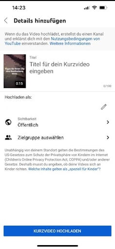 Screenshot von YouTube Shorts Einstellungen, um einen Titel hinzuzufügen