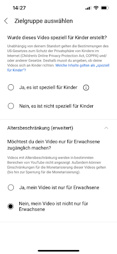Screenshot von YouTube Shorts Einstellungen, um Zielgruppe festzulegen
