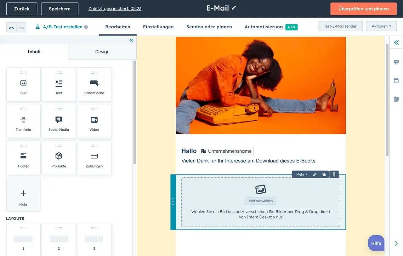 Screenshot aus der HubSpot E-Mail-Software für Akquise-Mails