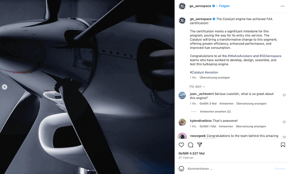 Beispiel B2B-Marketing Instagram GE Aerospace