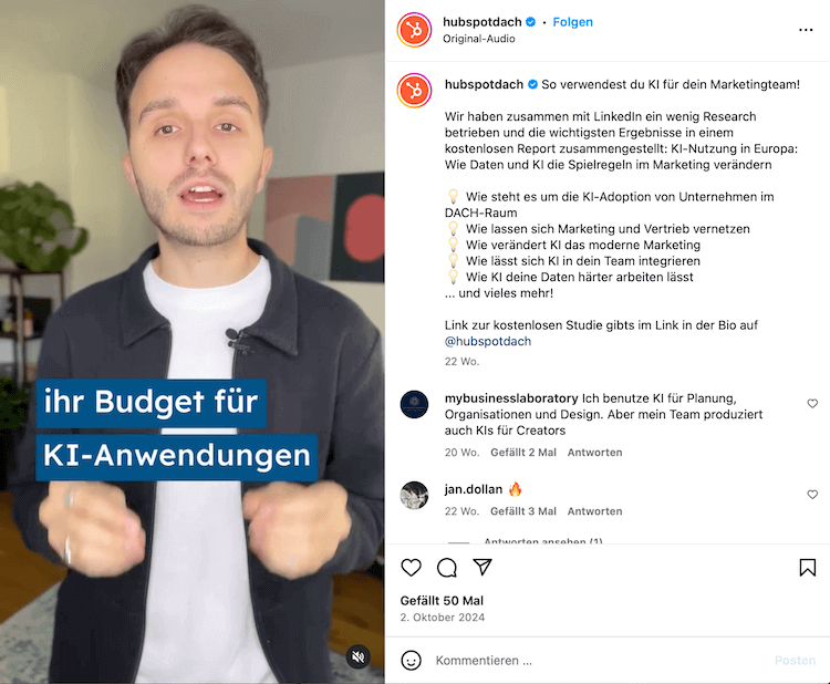 Beispiel B2B-Marketing Instagram HubSpot Reel