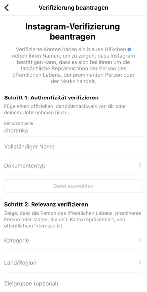 Bewerbung für den blauen Hacken bei Instagram