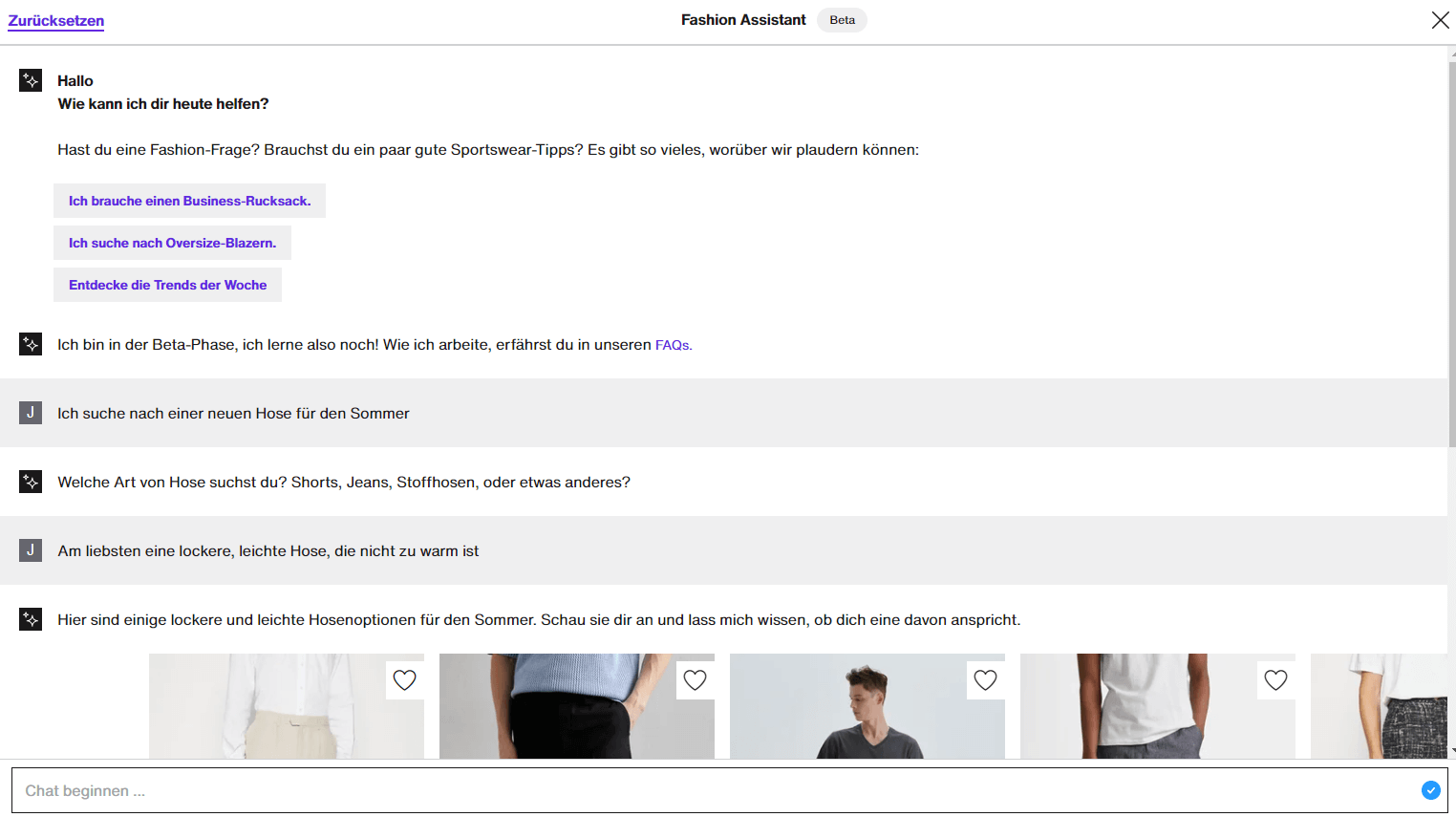 Screenshot Chatbot: Fashion Assistant von Zalando