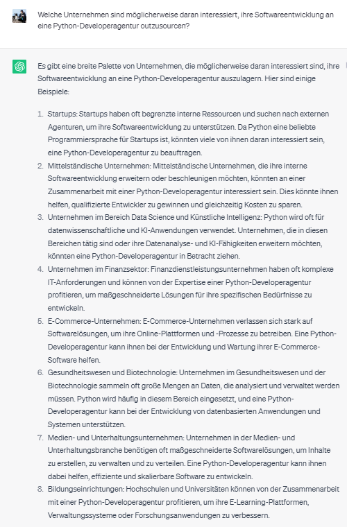 ChatGPT Beispiel: Welche Unternehmen sind möglicherweise daran interessiert, ihre Softwareentwicklung an eine Python-Developeragentur outzusourcen?