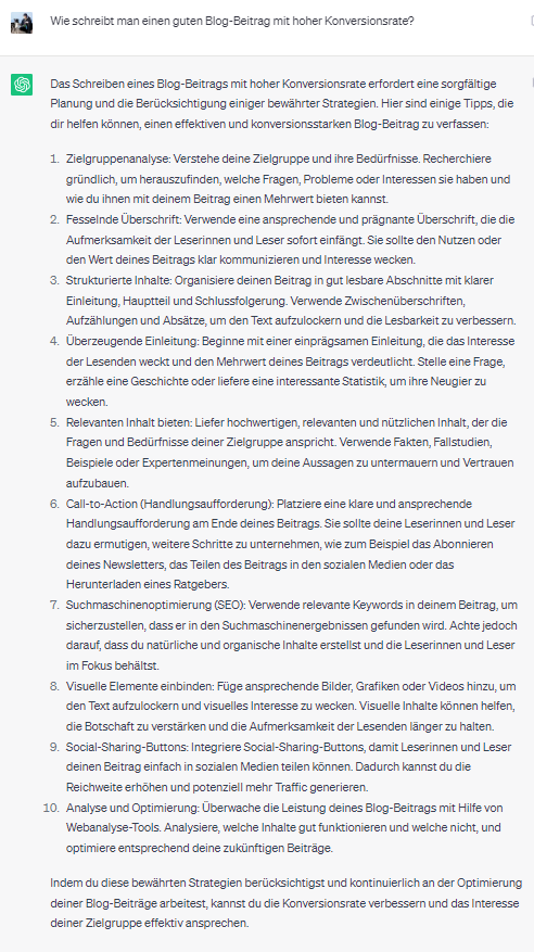 ChatGPT Beispiel: Wie schreibt man einen guten Blogbeitrag mit hoher Konversionsrate?