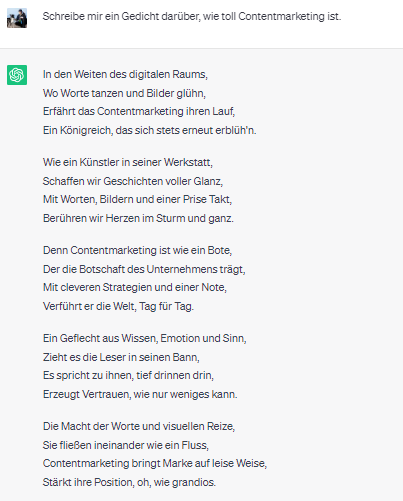 ChatGPT Beispiel: Schreibe mir ein Gedicht darüber, wie toll Contentmarketing ist.