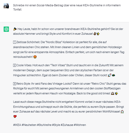 ChatGPT Beispiel: Schreibe mir einen Social-Media-Beitrag über eine neue IKEA-Stuhlreihe (in drei verschiedenen Tonfällen).