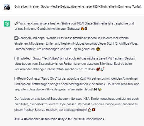 ChatGPT Beispiel: Schreibe mir einen Social-Media-Beitrag über eine neue IKEA-Stuhlreihe (in drei verschiedenen Tonfällen).