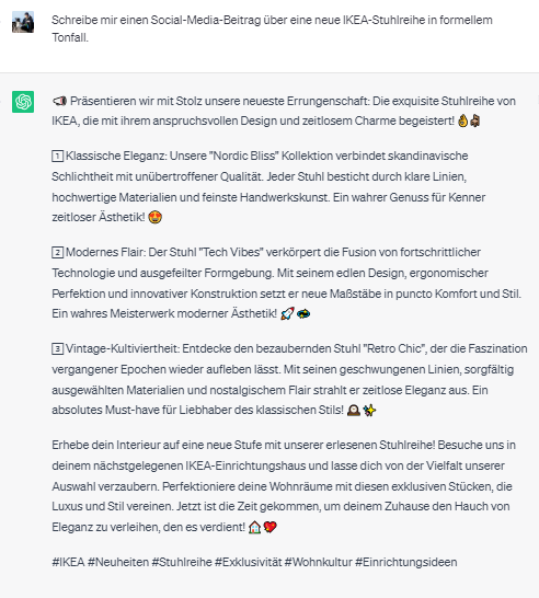 ChatGPT Beispiel: Schreibe mir einen Social-Media-Beitrag über eine neue IKEA-Stuhlreihe (in drei verschiedenen Tonfällen).