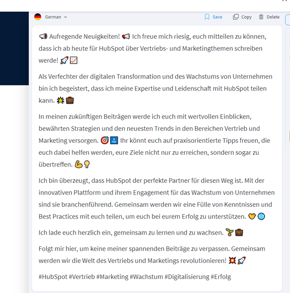 ChatGPT Beispiel: Verfasse einen Social-Media-Beitrag, in dem ich ankündige, dass ich jetzt für HubSpot über Vertriebs- und Marketingthemen schreibe.