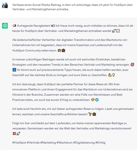 ChatGPT Beispiel: Verfasse einen Social-Media-Beitrag, in dem ich ankündige, dass ich jetzt für HubSpot über Vertriebs- und Marketingthemen schreibe.