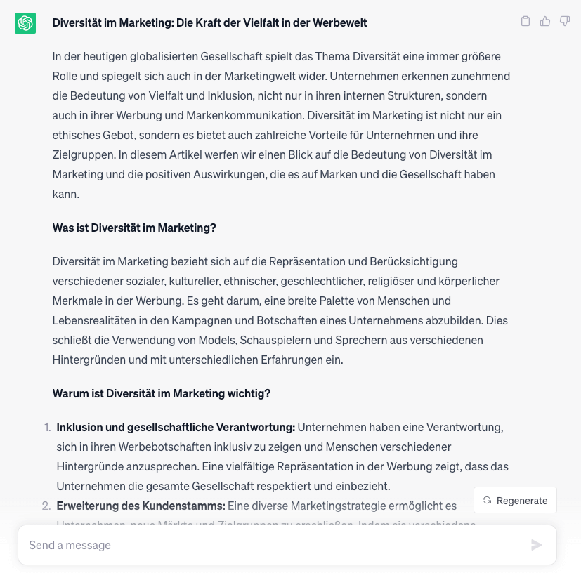 ChatGPT Antwort zum Prompt: Schreibe einen Artikel zum Thema Diversität im Marketing in 800 Wörtern.