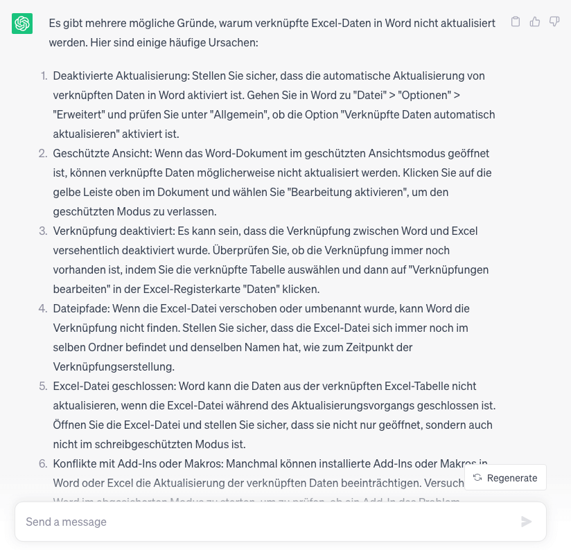 ChatGPT Antwort zum Prompt: Meine verknüpfte Excel-Tabelle in Word übernimmt die Änderungen aus Excel nicht. Woran kann das liegen?