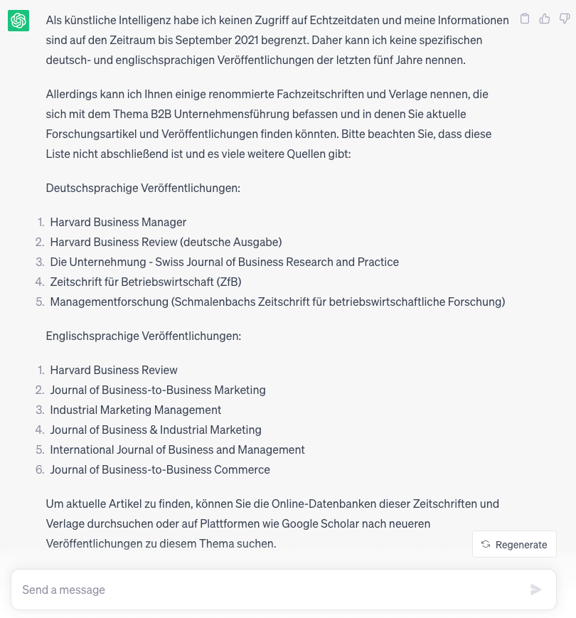 ChatGPT Antwort zum Prompt: Welche renommierten deutsch- und englischsprachigen Veröffentlichungen aus den letzten fünf Jahren beschäftigen sich mit dem Thema B2B Unternehmensführung?