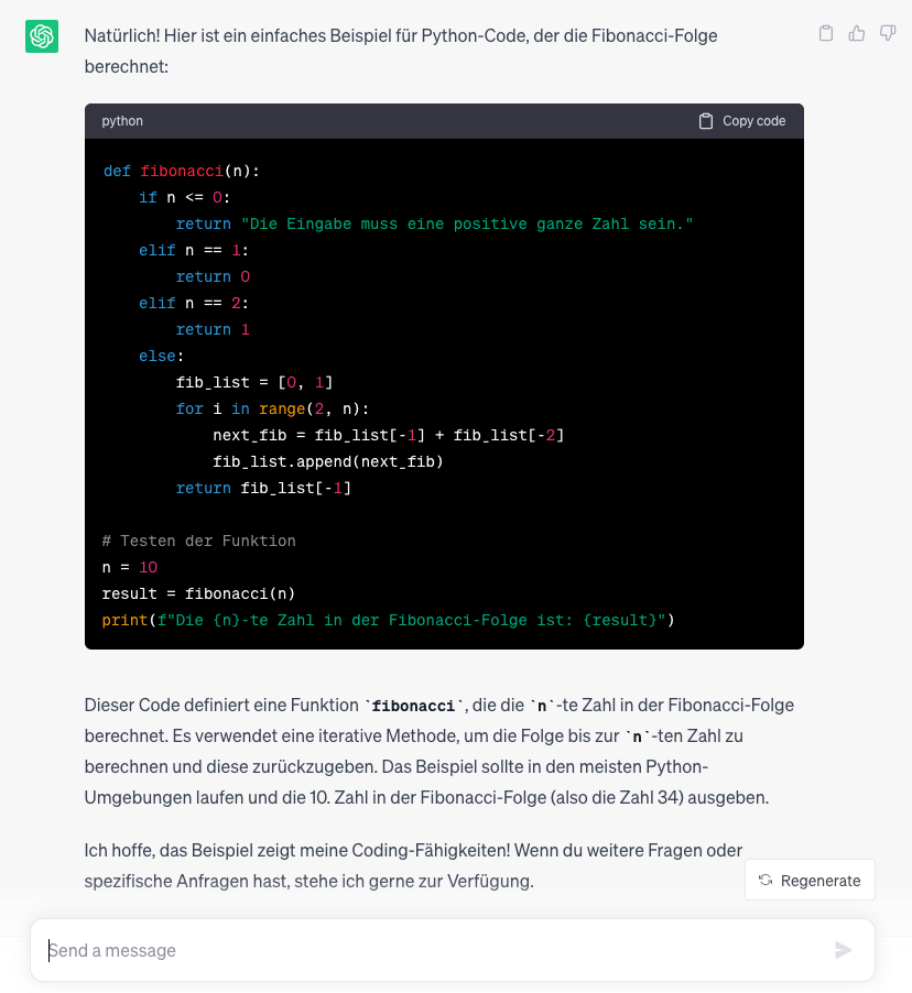 ChatGPT Antwort zum Prompt: Kannst du mir ein Beispiel für einen Code geben, anhand dem ich deine Coding-Fähigkeit beweisen kann?