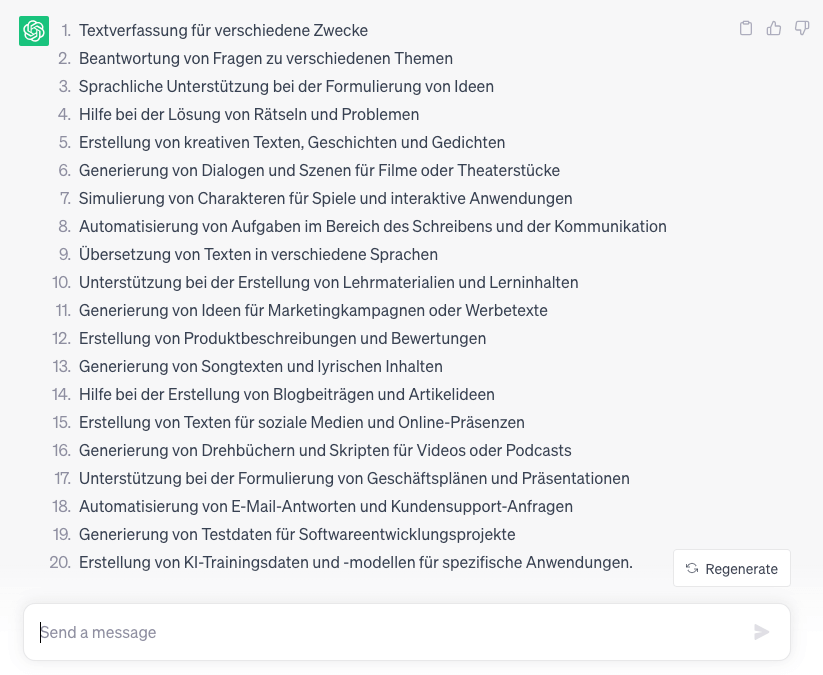 ChatGPT Antwort zum Prompt: Schreibe eine Liste all deiner Einsatzmöglichkeiten, ohne diese genau zu beschreiben.