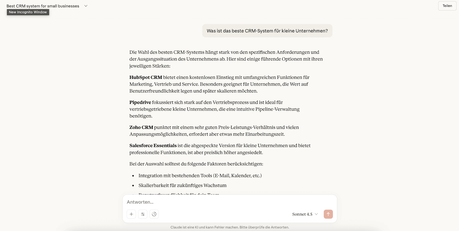 Screenshot des Claude Interfaces