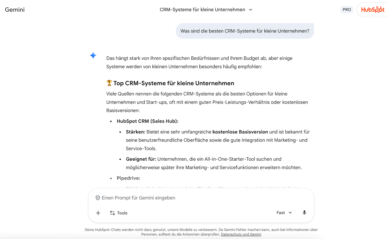 Screenshot des Gemini Chat Interface