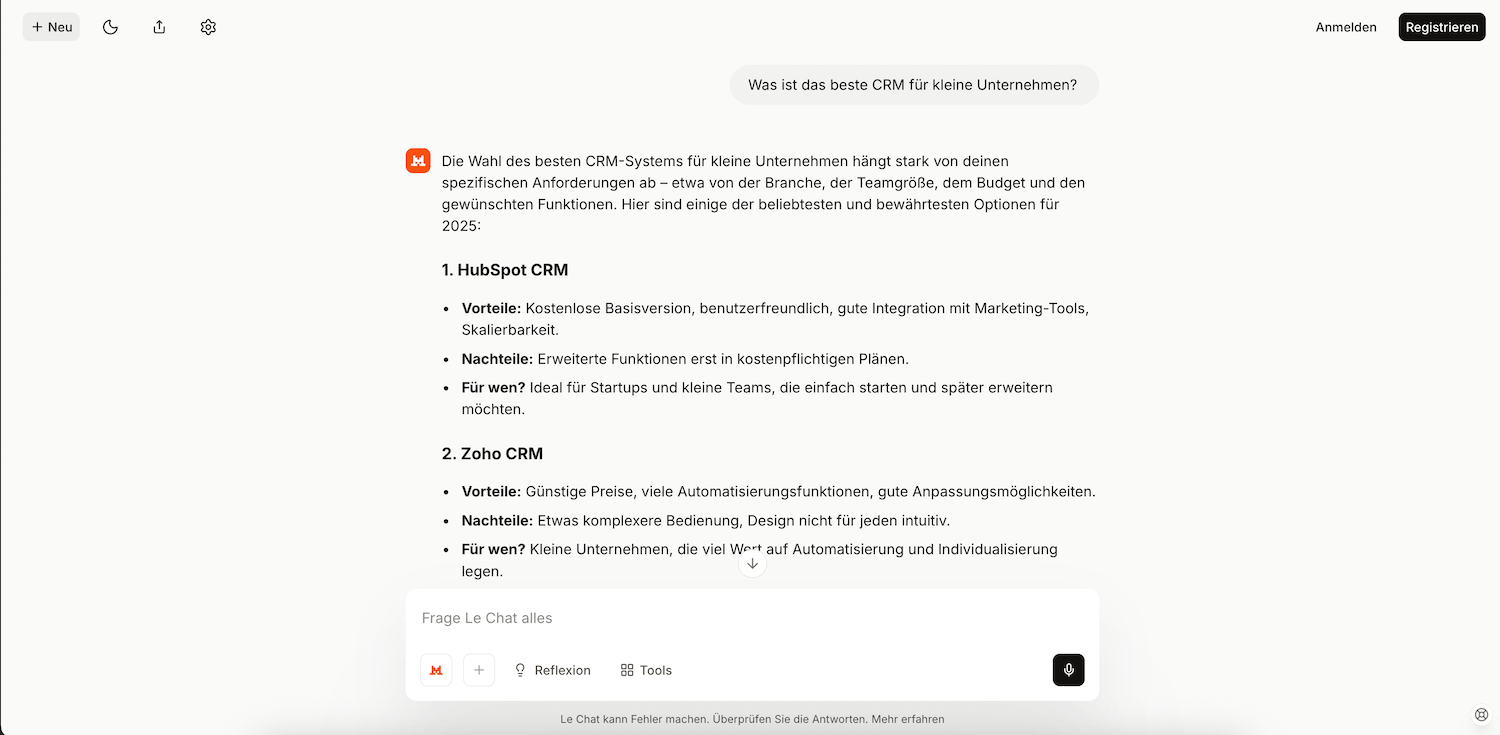 Screenshot des Le Chat Interfaces