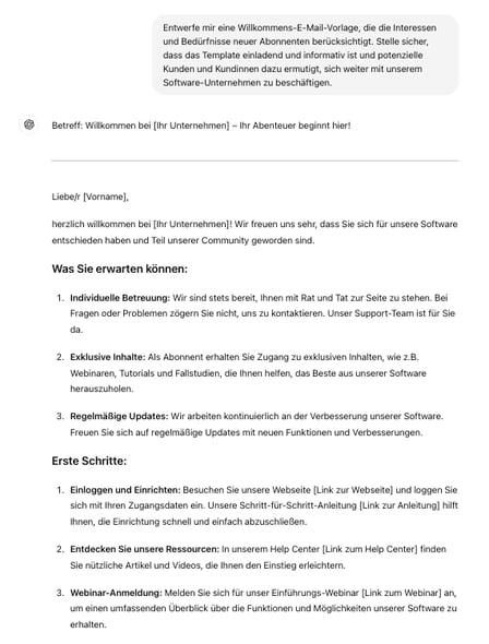 ChatGPT im Kundenservice Beispiel Willkommens-E-Mail-Template