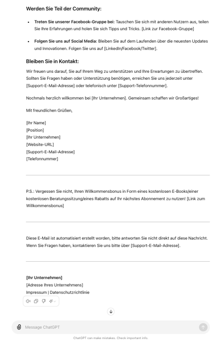 ChatGPT im Kundenservice Beispiel Willkommens-E-Mail-Template
