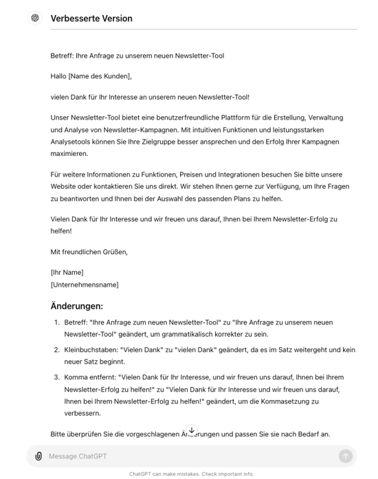 ChatGPT im Kundenservice Beispiel E-Mail-Korrektur