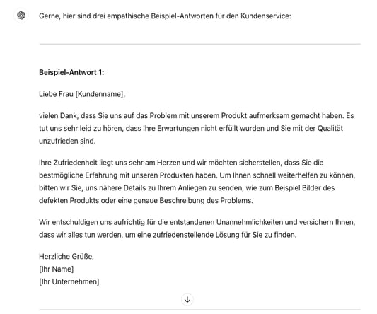ChatGPT im Kundenservice Beispiel Antwort unzufriedene Kundschaft
