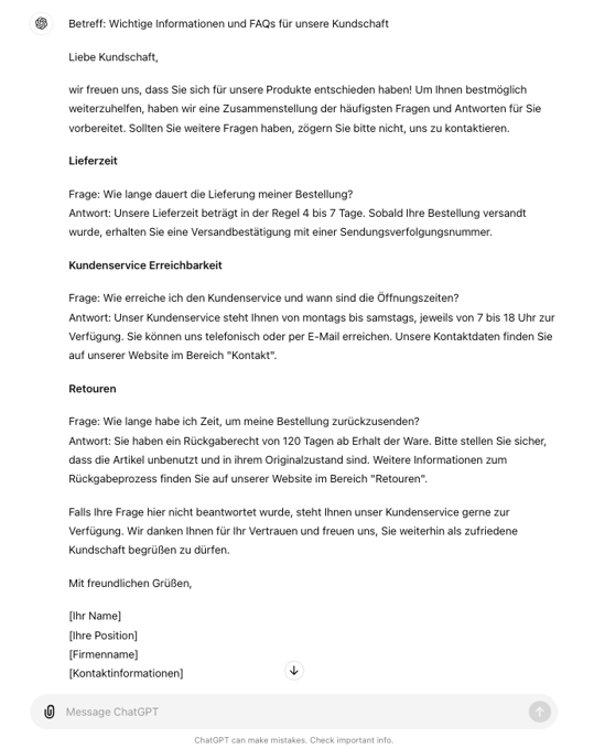 ChatGPT im Kundenservice Beispiel FAQs