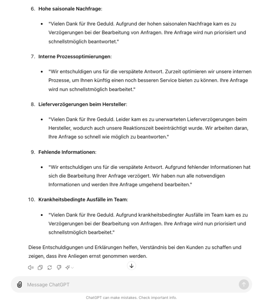 ChatGPT im Kundenservice Beispiel Entschuldigung für verspätete Reaktionszeit