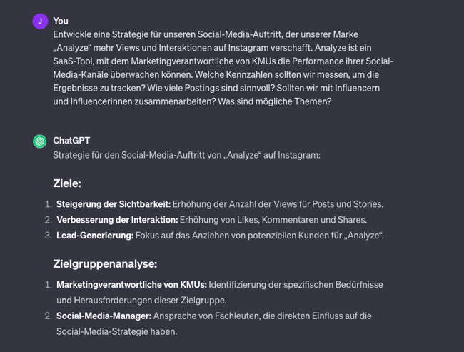 Lassen Sie sich von ChatGPT helfen, Ihre Social-Media-Strategie auszuarbeiten.