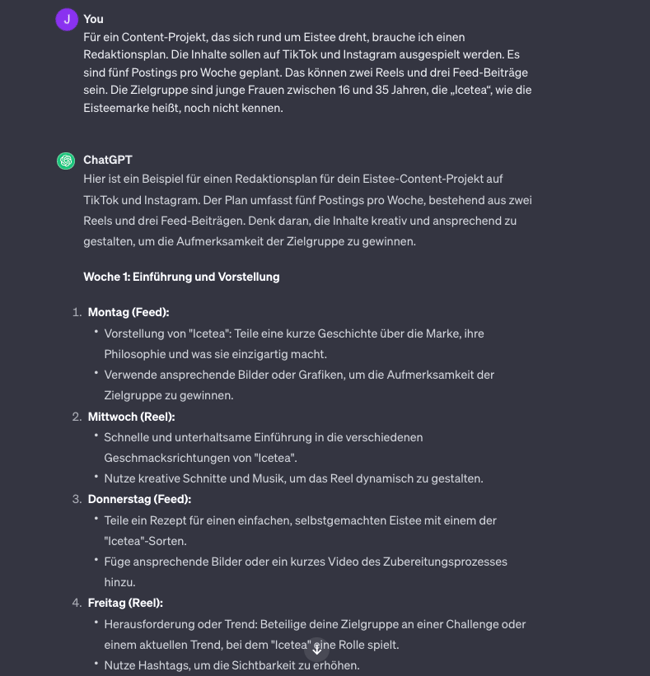 ChatGPT kann Ihnen im Rahmen Ihrer Social-Media-Entwicklung einen Redaktionsplan erstellen.