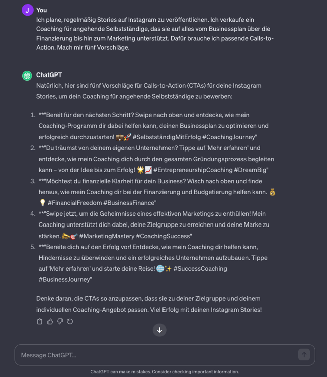 Screenshot ChatGPT einen CTA formulieren lassen