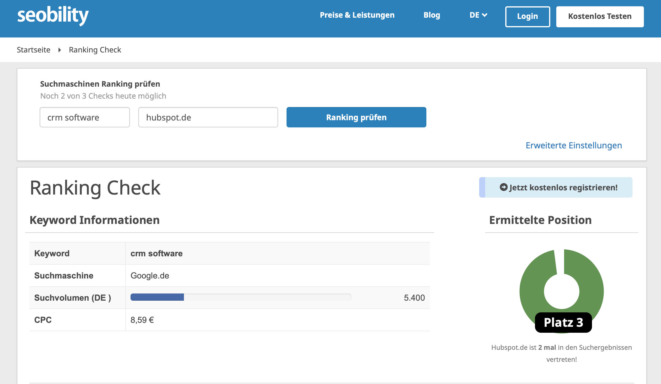 Screenshot Seobility - Content Marketing KPI Ranking