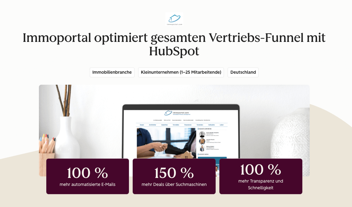 Immoportal hat mit HubSpot 100% mehr E-Mails automatisiert, 150% mehr Kunden ueber die Suchmaschinen und kann Deals schneller abarbeiten