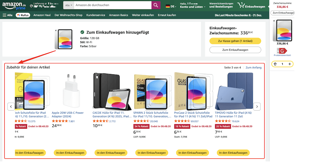 Screenshot der Amazon Website und gutem Cross-Selling