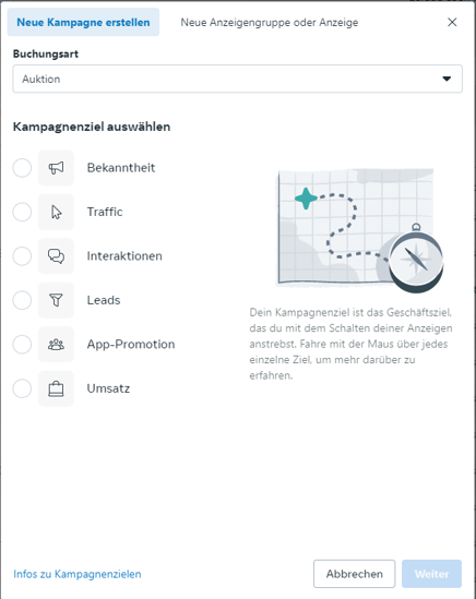 Screenshot des Facebook Ads Manager mit Auswahl der Kampagnenziele