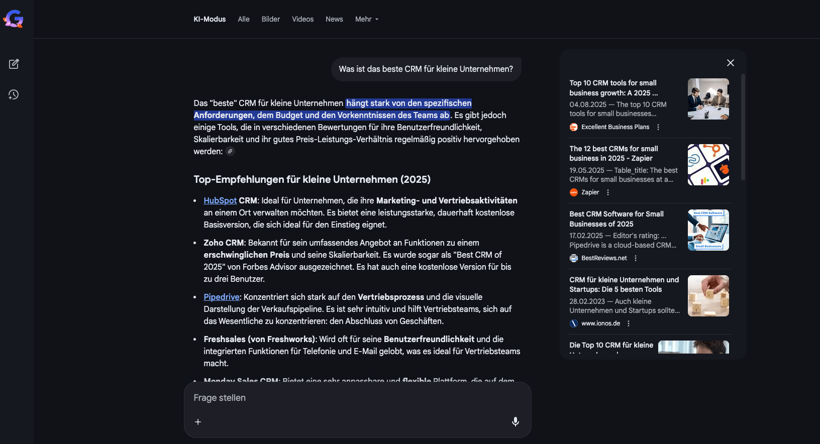 Screenshot der Google AI Mode Suchergebnisse
