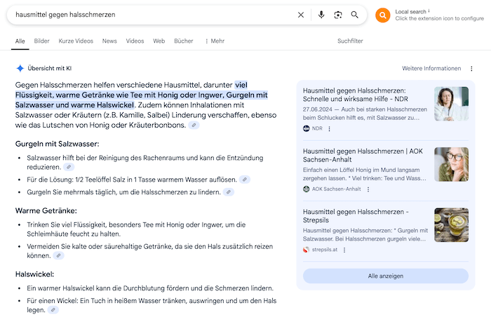 Google AI Overview zum Thema Hausmittel gegen Halsschmerzen