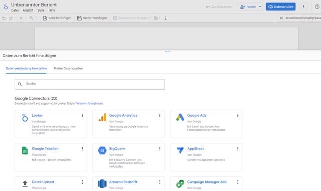 Screenshot, wie man Diagramme bei Google Data Studio einfügt.